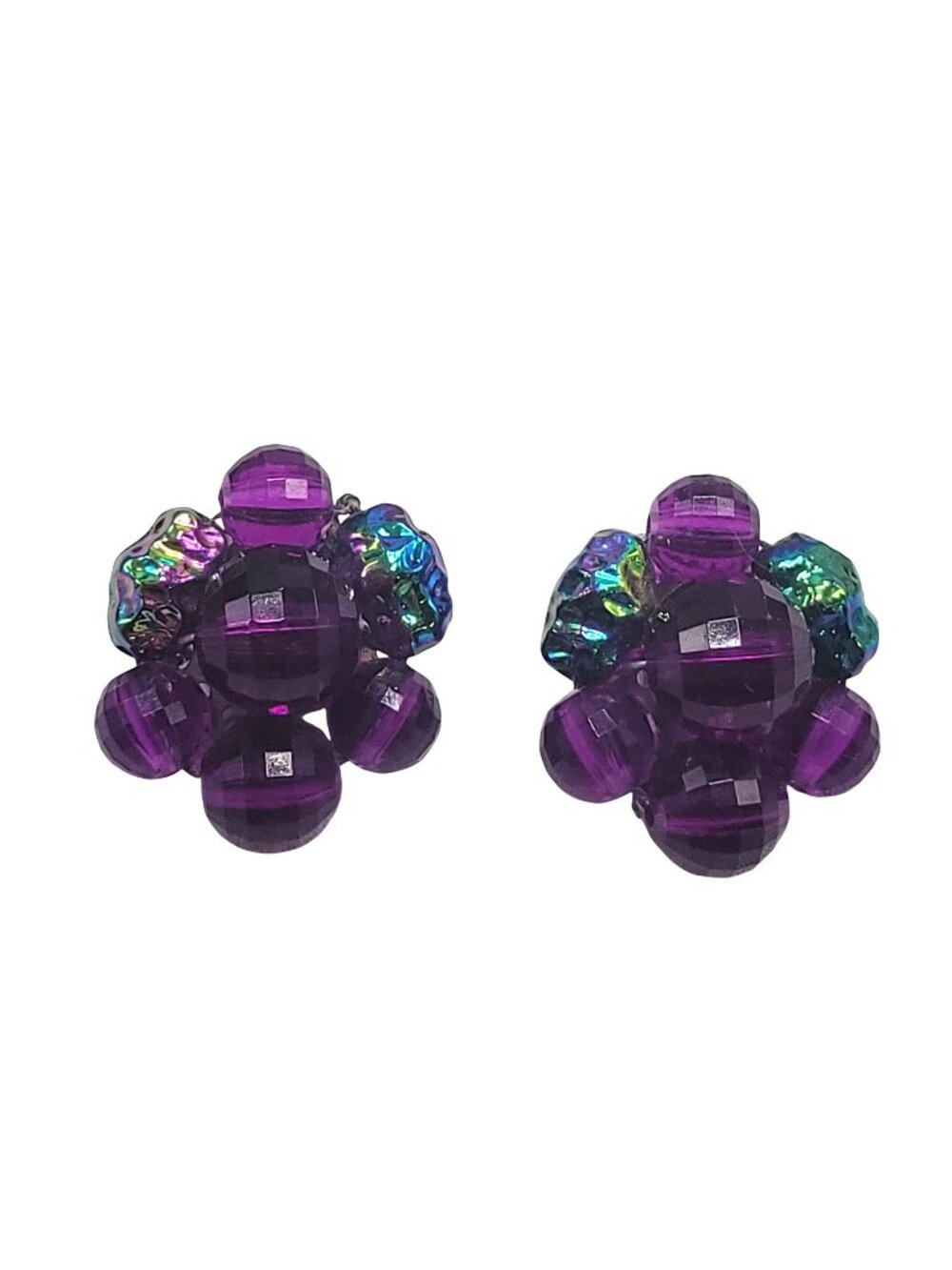 Vintage Purple Beaded Cluster Clip-On Earrings With Iridescent Accents